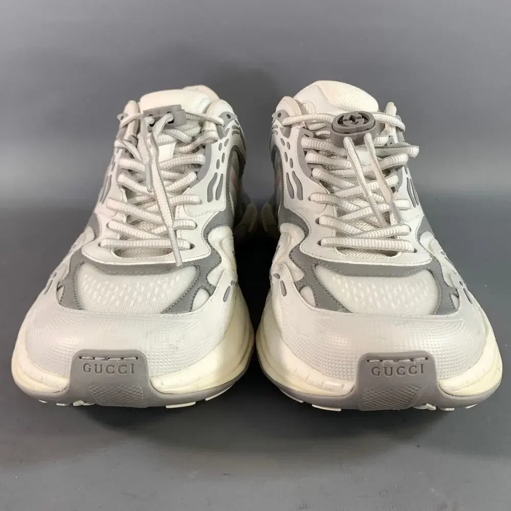 GUCCI Size 11.5 White Grey Leather Lace Up Sneakers
